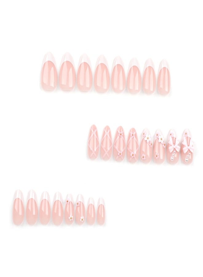 ASONRL ASNORL 24 Pcs Acrylic Press on Nails Almond - Short Medium Pink Bow French Tip False Nails Art with Flower Rhinestones, Glue On Nail Designs Reusable False Nails for Women - Almond Pink Bow - Image 3